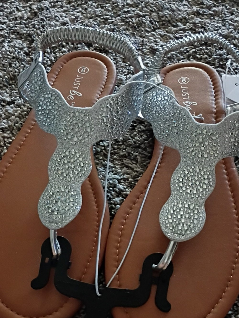 just be Silver Crystal T-Strap Women's Sandals